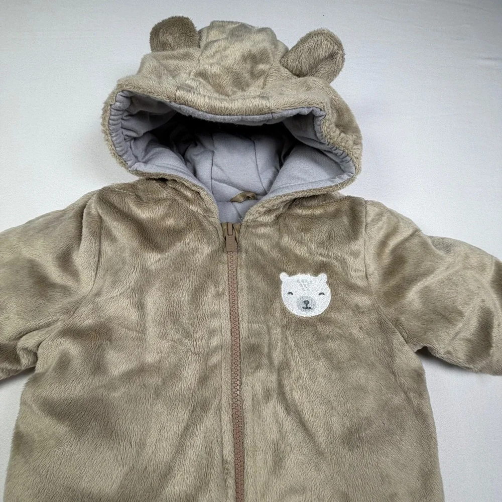 Carter's Pram Suit Bear Ear Hooded Fleece Snowsuit Sherpa Cozy Bunting Baby 3/6M